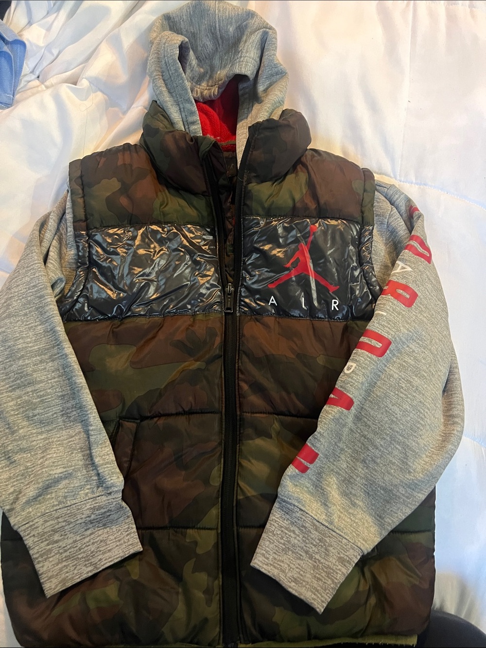Jordan Boys' Camo Puffer Vest with Gray Hoodie and Red Logo